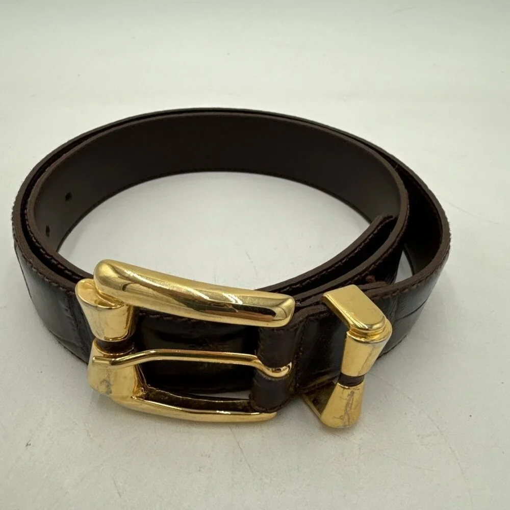 Vintage Tarox Croc Leather Belt Brown Made In Italy Gold Buckle 1